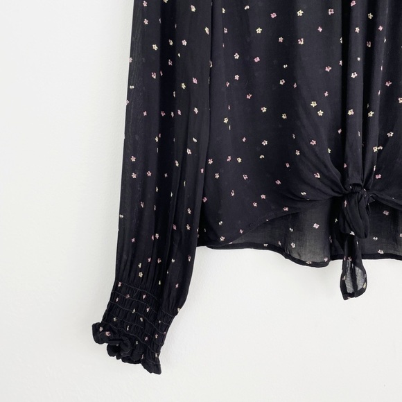 Anthropologie Cloth & Stone Black Floral Ruffle Neck Tie Front Long Sleeves Top - Picture 8 of 12